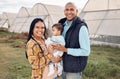 Mother, father and baby in portrait at farm, outdoor and happy for infant kid, growth and sustainable small business Royalty Free Stock Photo