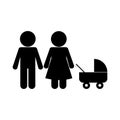 Mother and father with baby stroller silhouette style icon vector design