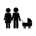 Mother and father with baby stroller silhouette style icon vector design