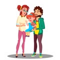 Mother And Father Calming Down A Little Crying Child Vector. Isolated Illustration