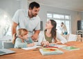 Mother, father and child for homework help in home or school education, learning notebook or support. Student, parents Royalty Free Stock Photo