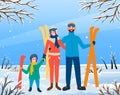 Mother and father with daughter holding ski supplies. Parents and kid spending time in winter forest