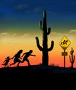 A mother, father and daughter run in the desert at night. This is the same family that appears on alien crossing signs