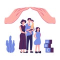 mother father daughter son cuddling together near family protection flat vector illustration design