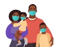 Mother Father daughter and son wear medical masks. Virus and disease prevention. African American Persons. Vector Family Royalty Free Stock Photo