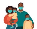 Mother Father daughter and son wear medical masks. Virus and disease prevention. African American Persons. Vector Family Royalty Free Stock Photo