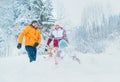 Mother and father family fooling in snow forest by throwing their little daugher to snowdrift