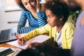 Mother and father helping daughter to do homework learning to calculate Royalty Free Stock Photo