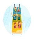 Mother, Father and Kids Characters Riding Roller Coaster, Family Extreme Recreation in Amusement Park, Fun Fair Carnival