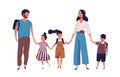 Mother and father leading their children to school. Portrait of modern family walking together. Parents and kids holding Royalty Free Stock Photo