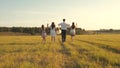 Mother, father and little daughter with sisters walking in field in the sun. Happy young family. Children, dad and mom Royalty Free Stock Photo