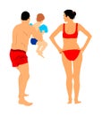 Mother Father and little son playing on the beach, illustration. Dad teaches his son to swim. Family summer time by sea.