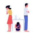 Mother And Father Quarreled. Offended Kid Under Table. Family Conflict. Unhappy Persons Disregard Each Other. People