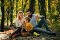 Mother father and small son picnic. Picnic in nature. Country style family. Meaning of happy family. United with nature