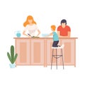 Mother, Father and Son Cooking Food In The Kitchen Together, Family in Everyday Life at Home Vector Illustration