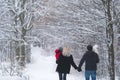 Mother, father, son, daughter walk on a winter forest. Royalty Free Stock Photo