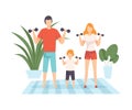 Mother, Father and Son Exercising with Dumbbells in Living Room, Family in Everyday Life at Home Vector Illustration