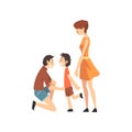 Mother, Father and Son, Father Kneeling before His Son, Happy Family Concept Cartoon Vector Illustration