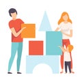 Mother, Father and Son Playing Toy Cubes, Family in Everyday Life at Home Vector Illustration