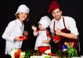 Mother, father and son preparing breakfast or dinner in kitchen. Parents teaching boy how to cook. Happy family cooking Royalty Free Stock Photo