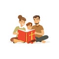 Mother, father and son sitting on floor and reading holy book. Religious family. Parents and child. Cartoon characters