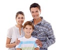 Mother, father and son in studio portrait with smile, care and embrace with love by white background. People, family and Royalty Free Stock Photo