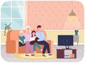 Mother, father, sun, daughter and dog sitting on sofa in room front of television set at home Royalty Free Stock Photo