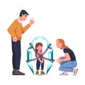 Mother and Father Talking to Little Girl in Crystal Tied with Chains as Problematic Communication and Misunderstanding