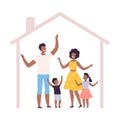 Mother, Father and Their Kids at Home, House Frame with Happy African American Family Inside Vector Illustration Royalty Free Stock Photo