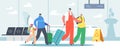 Mother and Father Travelling with Daughters, Family with Bags Walk to Airplane. Happy Parents and Children in Airport Royalty Free Stock Photo