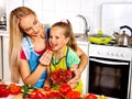 Mother feed child at kitchen.