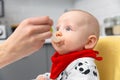 Mother is feeding baby boy with spoon. Healthy baby food at home Royalty Free Stock Photo