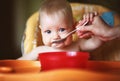 Mother feeding baby boy with a spoon Royalty Free Stock Photo