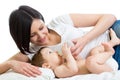 Mother feeding baby by milk from bottle