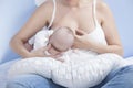 Mother feeding breast with nursing pillow Royalty Free Stock Photo