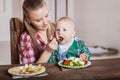Mother feeding child. First solid food for young kid Royalty Free Stock Photo