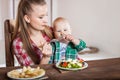 Mother feeding child. First solid food for young kid Royalty Free Stock Photo