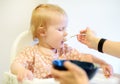 Mother feeding cute baby girl with a spoon at home. Healthy eating nutrition for little kids. Kindergarten, daycare, nursery, Royalty Free Stock Photo