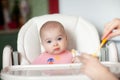 Mother feeding her baby girl with a spoon. Baby eating Royalty Free Stock Photo