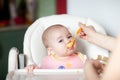 Mother feeding her baby girl with a spoon. Baby eating Royalty Free Stock Photo