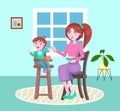 Mother feeding her little son sitting in children s chair, boy denying food and crying, mom and kid