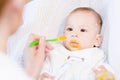 Mother feeding her lovely baby boy with spoon Royalty Free Stock Photo