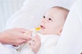 Mother feeding her lovely smiling baby boy with spoon Royalty Free Stock Photo