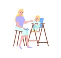 Mother Feeding by Spoon Daughter Sitting on Chair