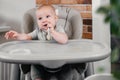 Mother feeding with vegetables or fruits pure baby on highchair Royalty Free Stock Photo