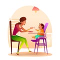 Mother feeds baby sitting in highchair at kitchen