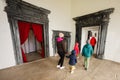 Mother with four kids visit Pidhirtsi Castle indoor museum, Lviv region, Ukraine. Family tourist