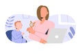 Mother freelancer trying to work at home with infant child distracting her, sitting at desk with laptop, multitasking Royalty Free Stock Photo