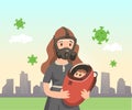 Mother in gas mask holding baby in protection suit on summer city background with green viruses floating around