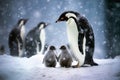 Mother Gentoo penguin and her two chicks hand in hand. Amazing wildlife. Generative Ai Royalty Free Stock Photo